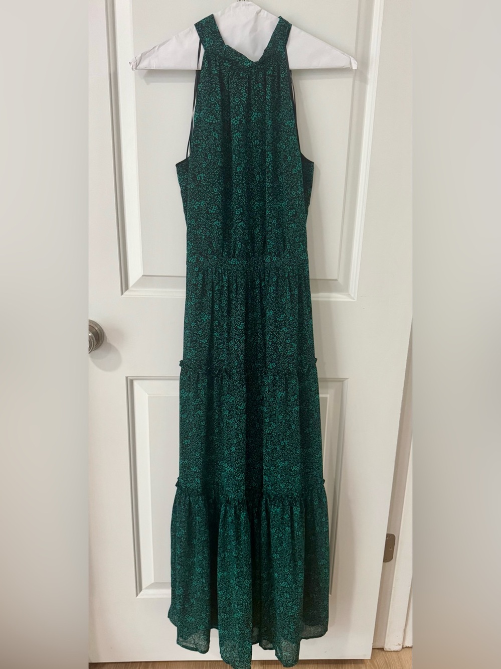 J Crew High Neck Green Floral Tiered Maxi Dress